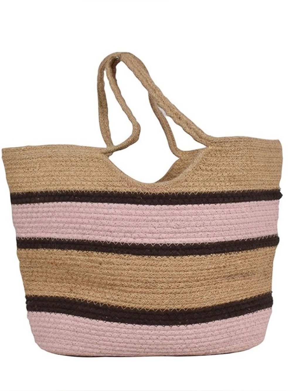 Striped Woven Tote Bag in Pink, Brown & Natural